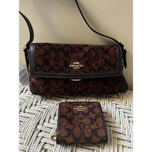 Coach Etta Small Flap Shoulder Bag Signature Truffle Chenille & Wallet CCV65 NWT